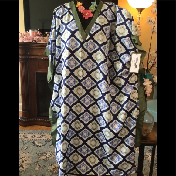 🌸NWT WINLAR MILLI” GEO BLUE & GREEN COVERUP CAFTAN DRESS - Picture 13 of 15